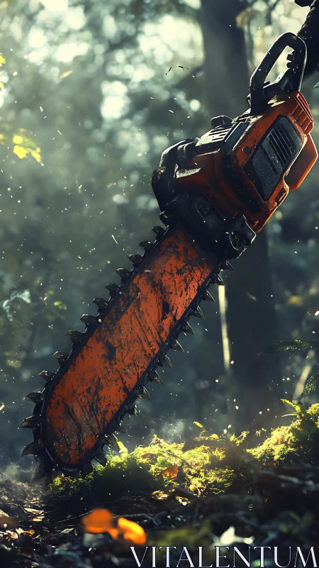 Cinematic close-up of weathered chainsaw in misty forest scene.