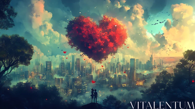 Massive crimson heart suspended above neon-lit cityscape with golden clouds.