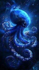 Cosmic blue octopus drifts gently through a starlit galaxy