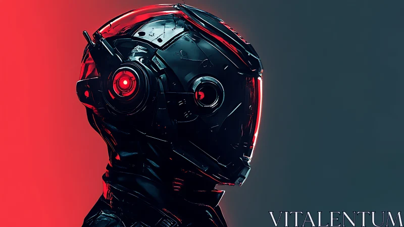 Cybernetic combat helmet in red keylight profile render.