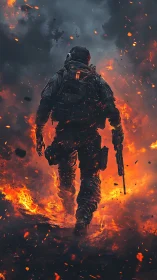 Armored soldier strides through blazing battlefield inferno