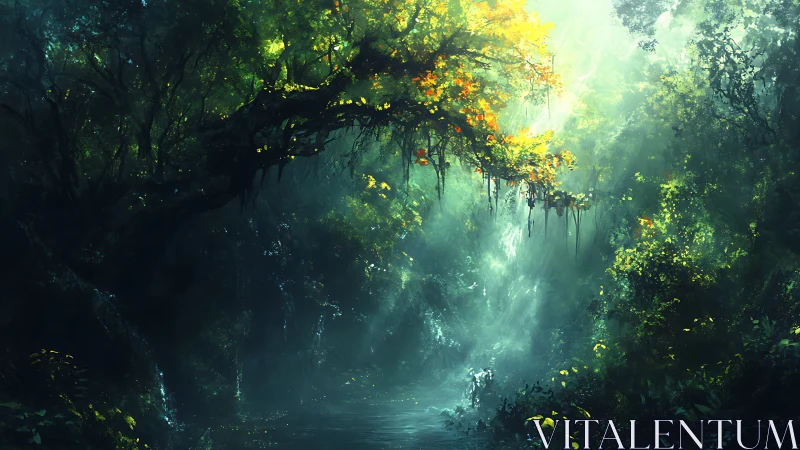 Mystical forest cavern flooded with golden luminescence