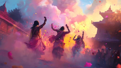 Holi dancers ignite a temple courtyard in swirling colorstorm.