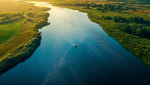 Lone boat stitches silver ripples across sunrise riverway.