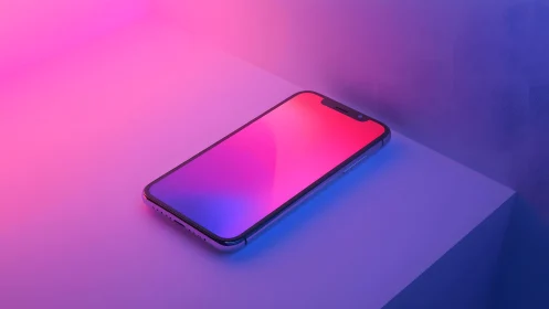 Modern smartphone on geometric surface with vibrant neon lighting.
