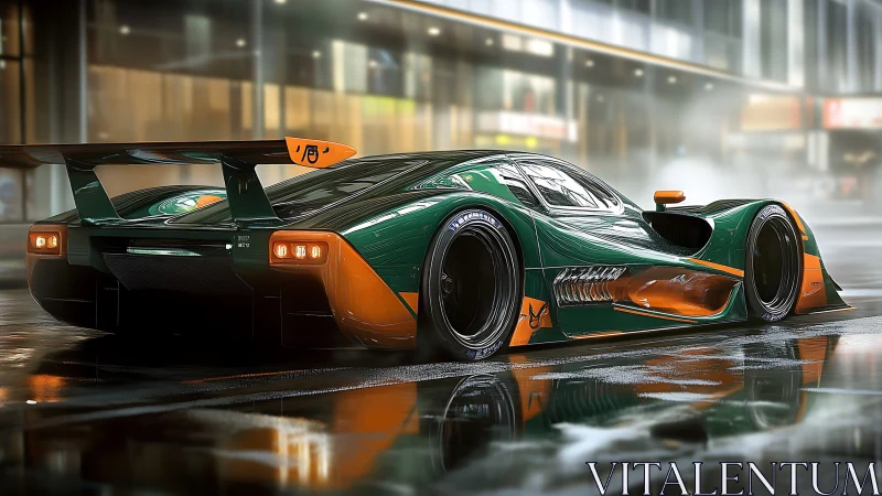 Sleek green hypercar cuts through neon-lit rainy city streets