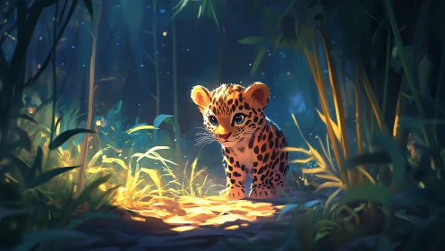Digital painting of a leopard cub in luminous jungle light.
