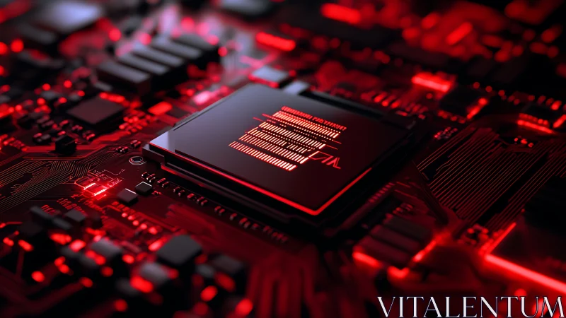 Red illuminated microchip sits on detailed electronic circuit