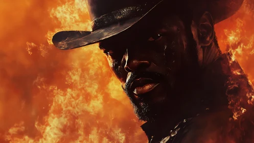 Gunfire outlaw emerges from wildfire dusk like living ember.