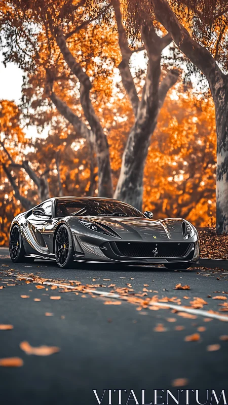 Low-angle view shows dark sports car on tree-lined road