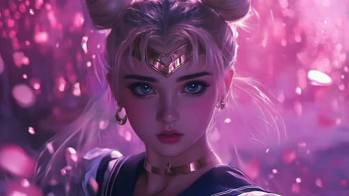 Celestial warrior girl stands in glowing pink petal storm