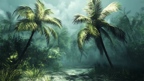 Tropical Misty Wetland: Coconut Palms with Volumetric Atmospheric Rendering