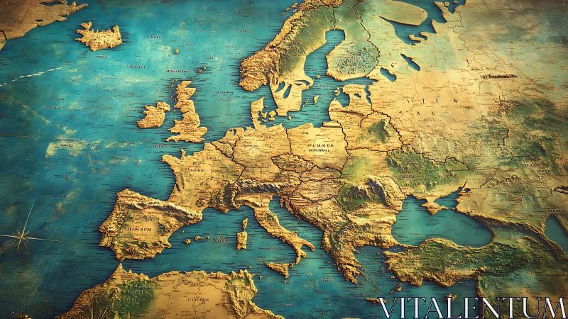 Textured relief map of Europe glows in warm vintage light.