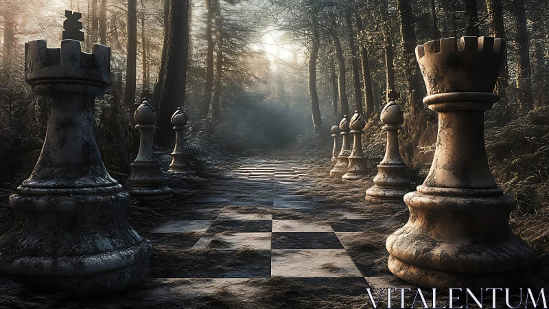 Monolithic chess rooks frame a misty forest path in decayed symmetry
