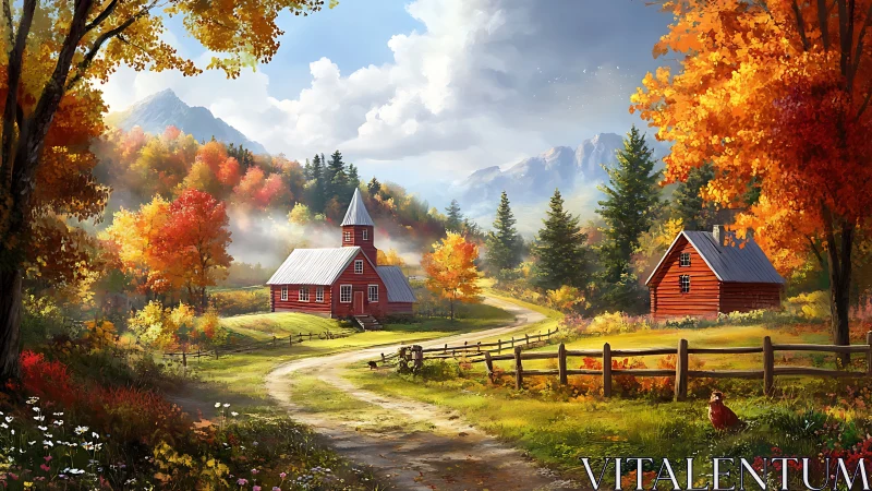 Autumn valley church and cabin beside winding country road