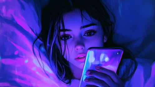 Midnight screen glow enveloping a contemplative young woman.