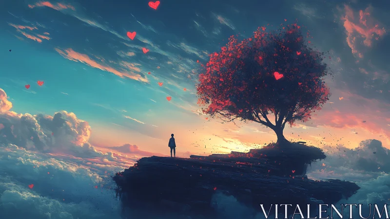 Solitary figure beneath luminous heart tree above clouds