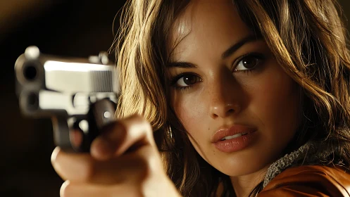 Determined woman aims handgun in intense cinematic close-up.