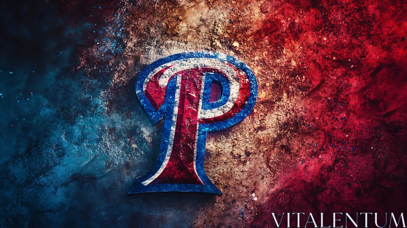 Textured red blue letter P emblem splits grunge background