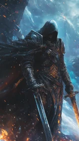 Hooded armored warrior stands with twin swords amid fire and ice