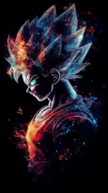 Energetic anime warrior rendered in neon fractal brush strokes