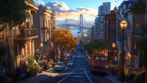 Digital city street scene shows steep hill with bay bridge