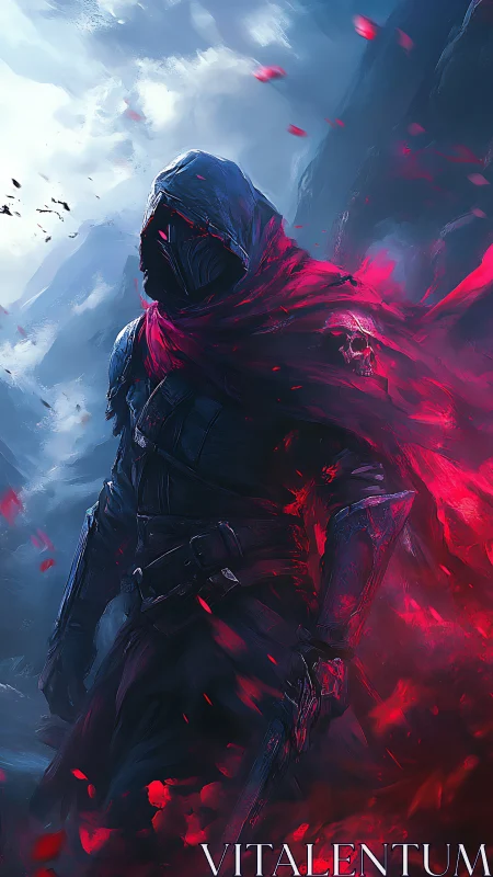 Hooded figure in red cloak against cold mountainous backdrop.