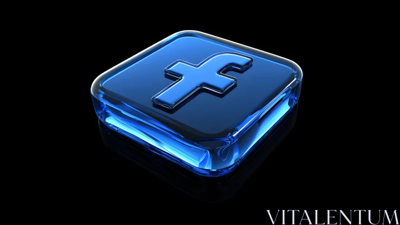 3D Glassy Facebook Logo Icon with Blue Neon Glow on Black Background.