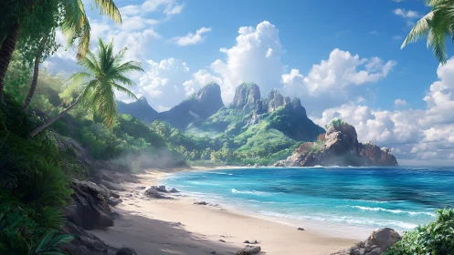 Tropical Paradise Beach with Dramatic Mountain Peaks.