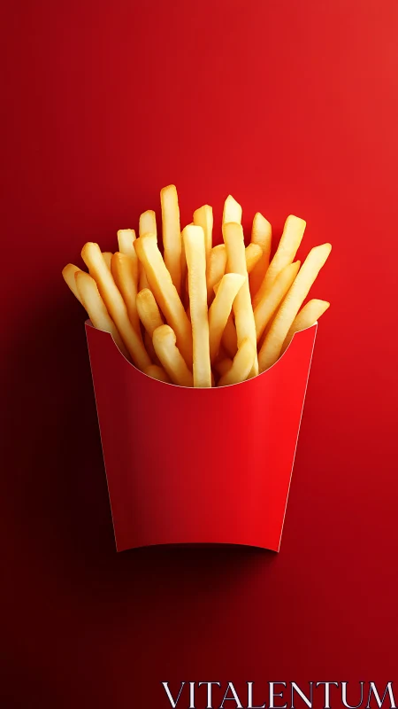Crisp french fries in red carton on solid red background.