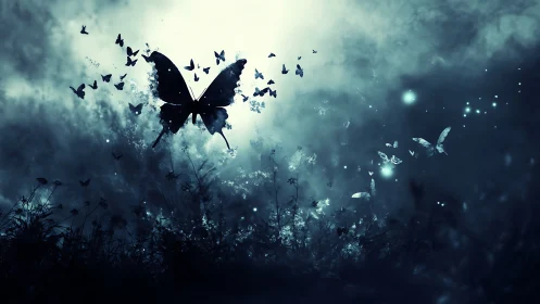 Nocturnal butterfly silhouette in luminous misty clearing.