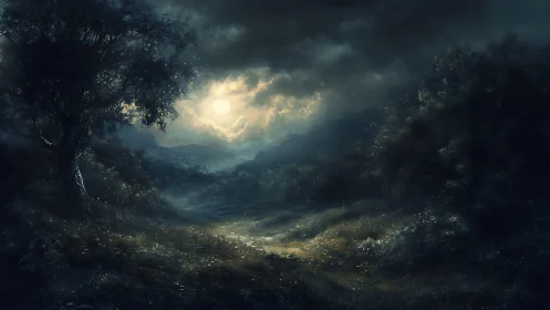 Moonlit valley landscape under brooding storm clouds.