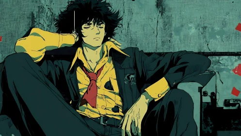 Relaxed anime drifter reclines against distressed wall background