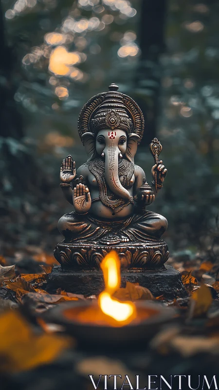 Bronze Ganesha idol with diya flame in shallow depth forest