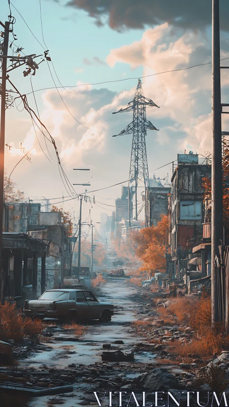 Post-collapse urban corridor with corroded grid infrastructure.