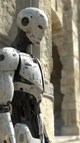 Weathered humanoid android beside sunlit stone column.