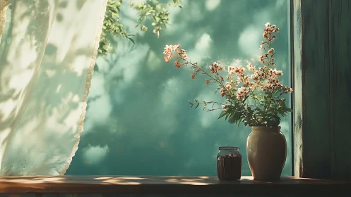 Sunlit wildflower vase on rustic windowsill at dawn.