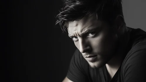 Storm-lit stare of a brooding man in sculpted shadow play.