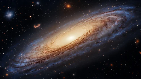 Spiral galaxy glows with golden core and blue starfield.