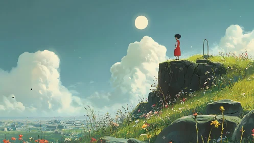 Digital painting of girl on cliff under luminous full moon.