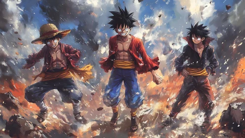 Three fiery heroes stride through a storm of rising sparks.