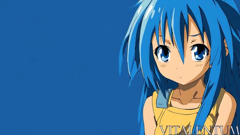 Blue haired anime girl in yellow top on solid blue.