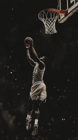 Basketball player soars toward the hoop in dramatic arena light