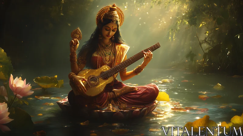 Golden goddess of music rests on a lotus in glowing waters