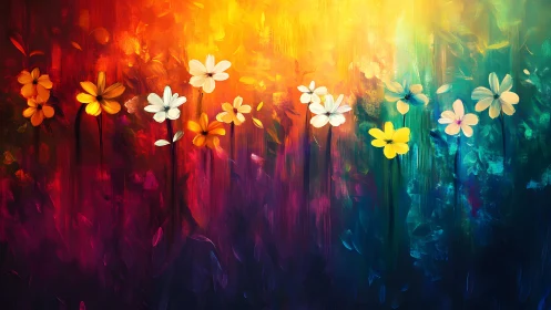 Vibrant Abstract Flowers in Colorful Gradient Artistic Painting.