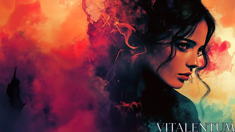 Ember crowned portrait in swirling nebula of fire and dusk.