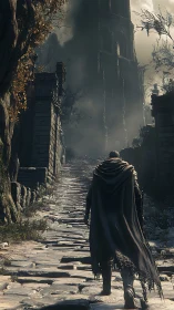 Cloaked figure on stone path toward tall ruined tower.