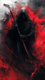 Hooded skeletal warrior with staff in red swirling flames.