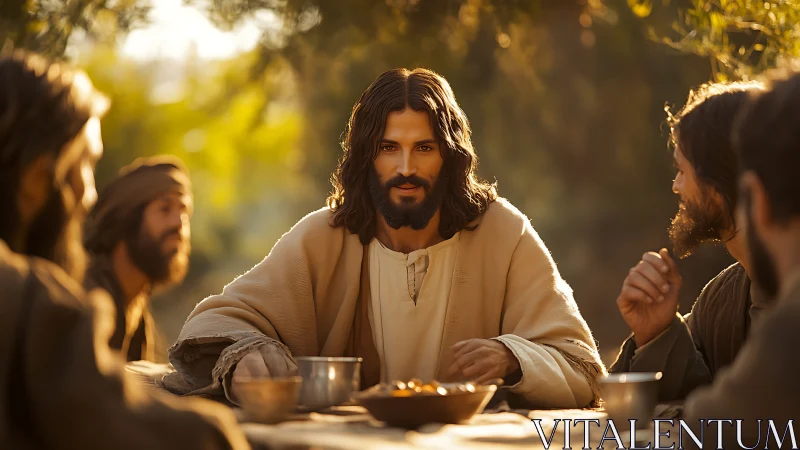 Warm-lit biblical-style table gathering in shallow depth field.