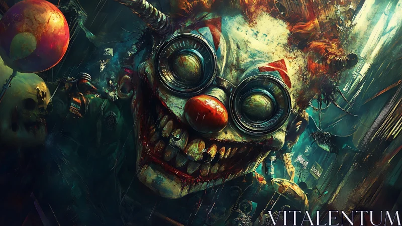 Sinister cyberpunk clown lunges through a chaotic neon alley